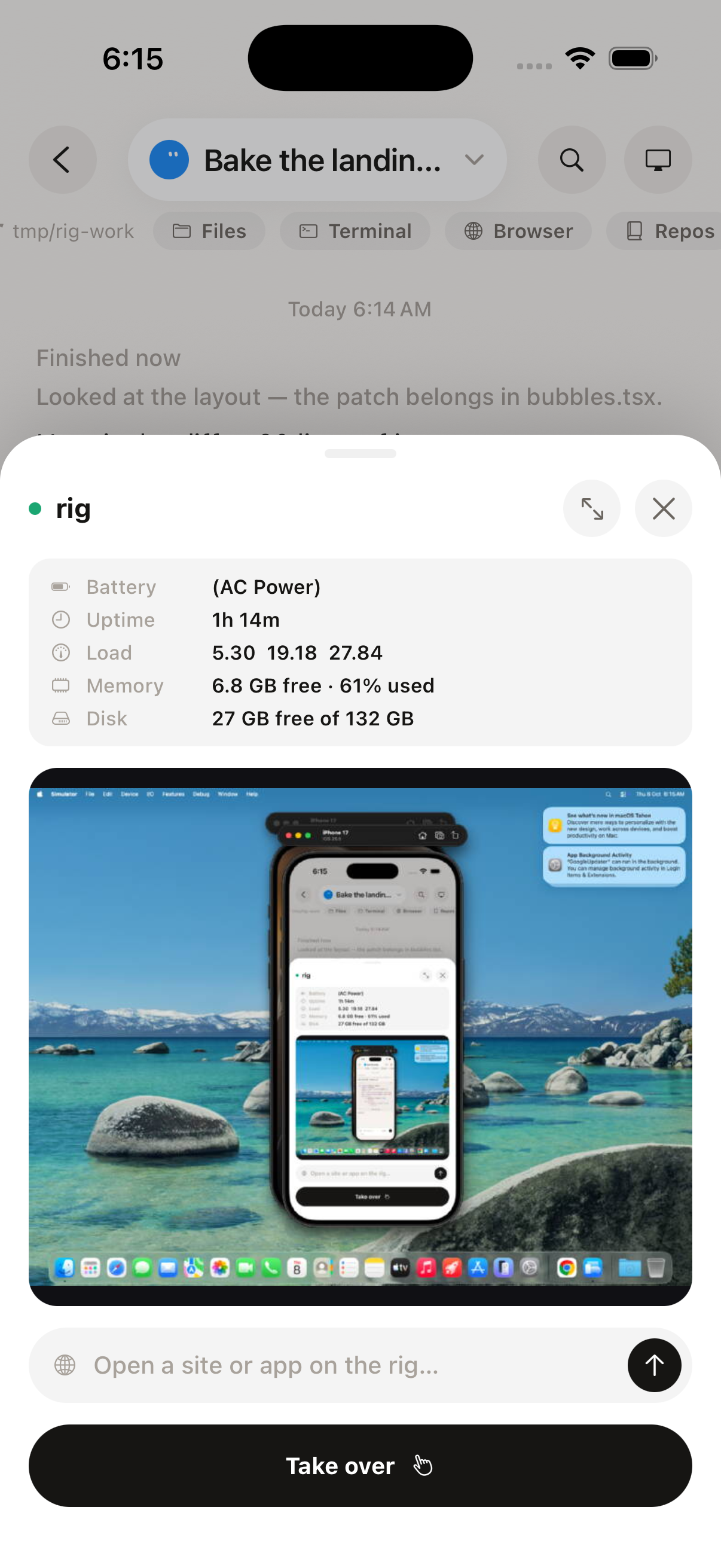 Remote computer view — the laptop's live screen, stats, take over