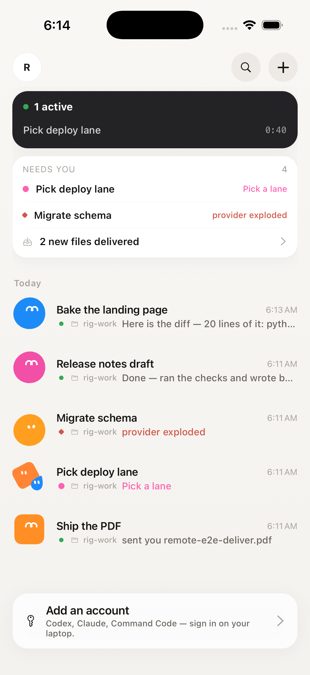 The inbox on the phone — every job with a status word