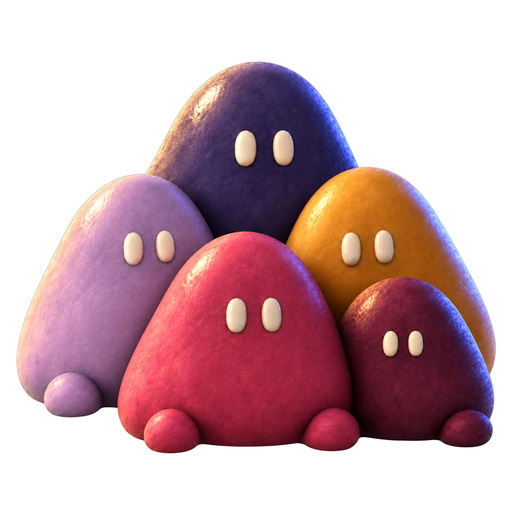 The Remote mascots — indigo, rose, gold, lavender and plum