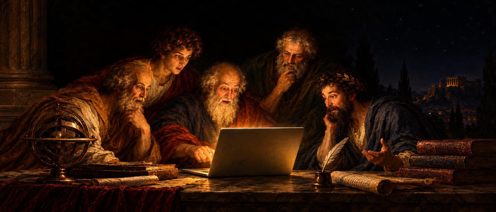 Oil painting — philosophers gathered around a laptop