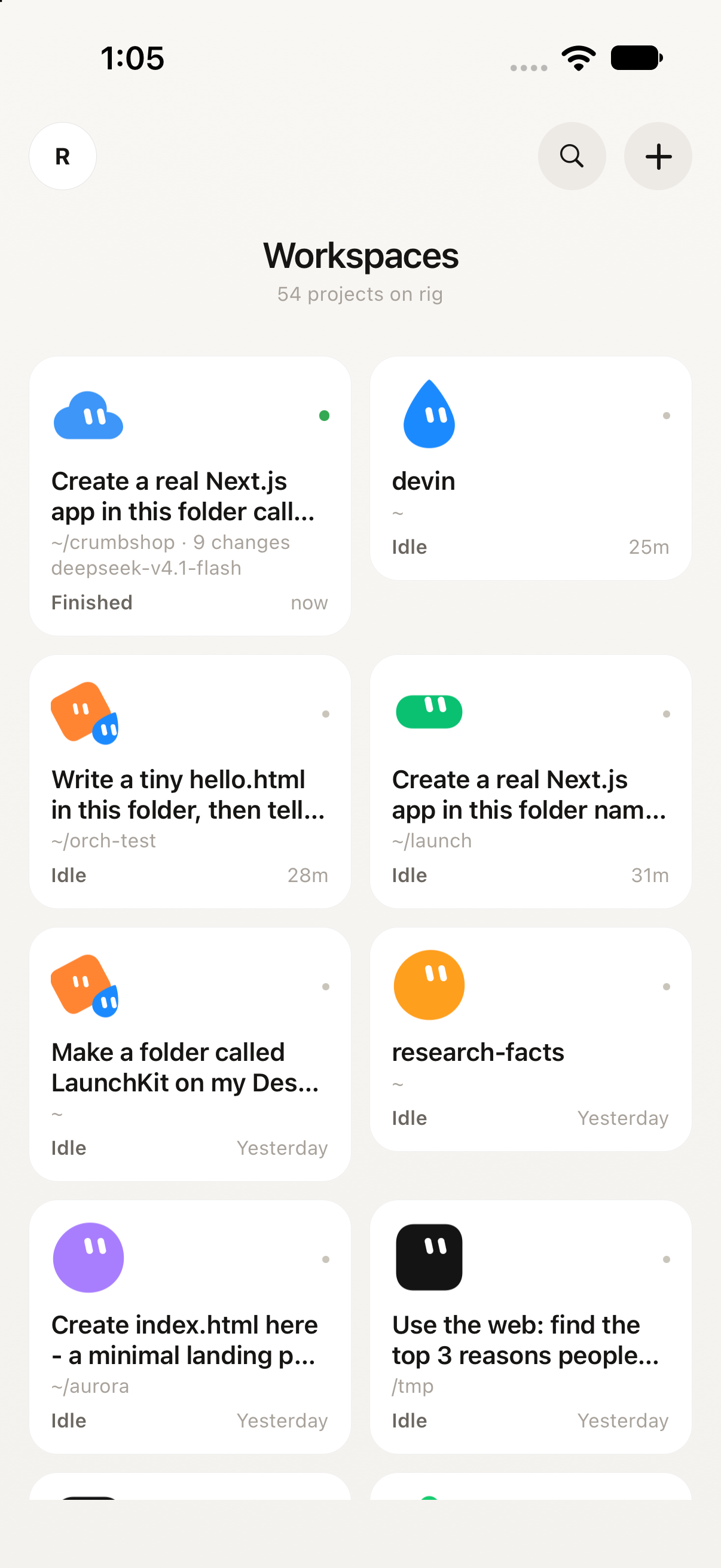 Remote workspaces — every project on the rig, each with a face